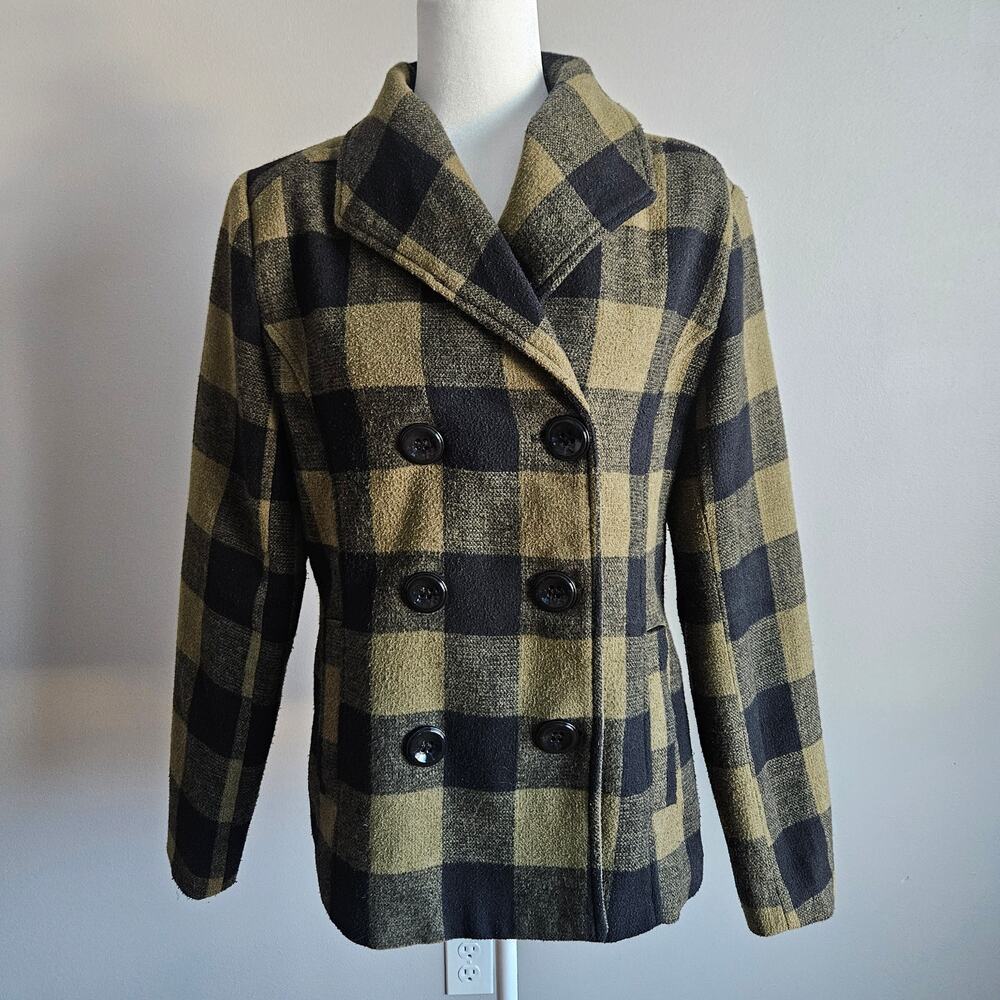 Rampage Plaid Peacoat Womens L Olive Black‎ Classic Double Breasted Y2K Fall